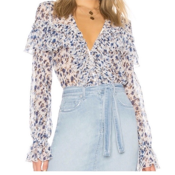 MAJORELLE Tops - MAJORELLE Blue and White Floral Ruffle Blouse